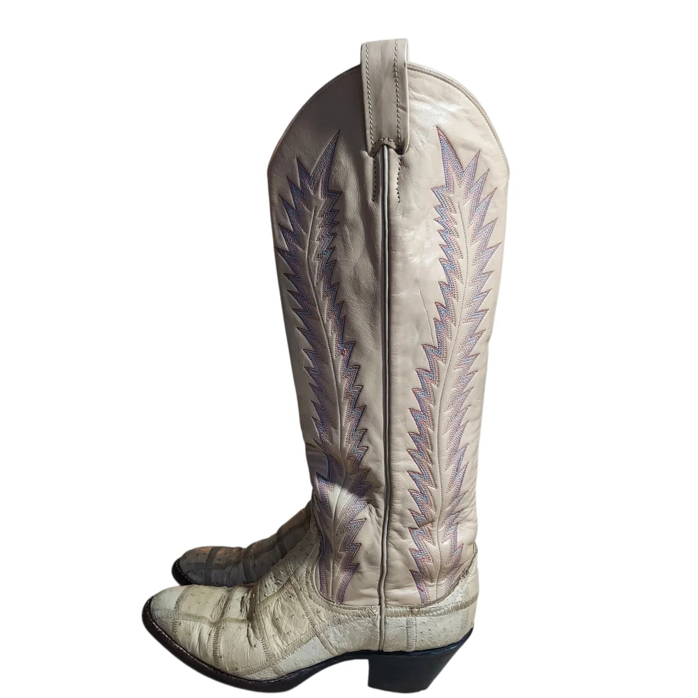 Vintage Larry Mahan Ivory Western Cowboy Boots Ostrich Print Tall USA - Picture 2 of 16